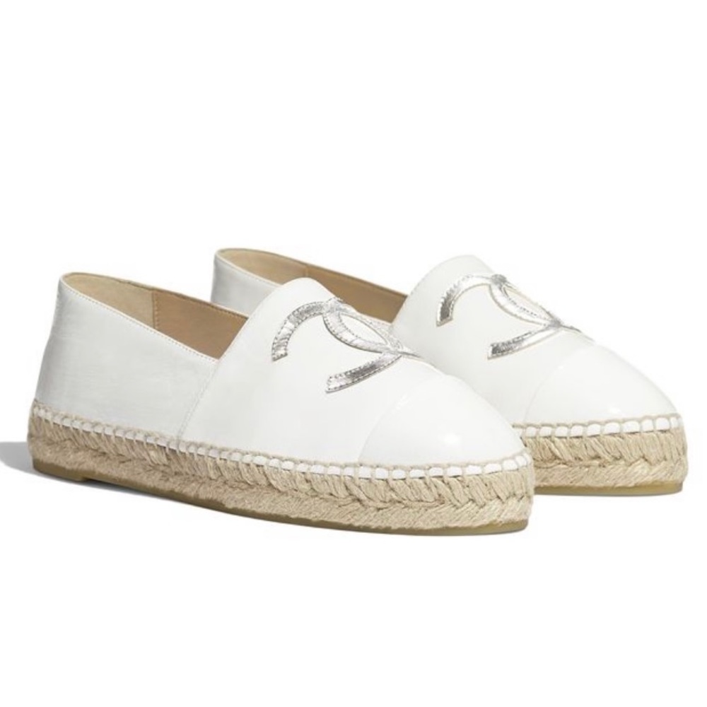 BRAND NEW/TAG- CHANEL Patent Calfskin Metallic Goatskin White/Silver Espadrilles